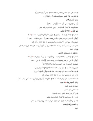‫ٍب خلف على طوؿ اؼبنفصل واؼبتصل بال غنة بالتحقيق (لِقتَاؿ أَو)و(متَحيّْػزا إِىل)‬
‫ِ ٍ ْ ُ ًَ َ‬
‫ٍب خلف على طوؿ اؼبنفصل وبالسكت (لِقتَاؿ أَو)و(متَحيّْػزا إِىل)‬
‫ِ ٍ ْ ُ ًَ َ‬
‫ِ‬
‫وبِْئس الْمصير (ٙٔ)‬
‫َ َ َ ُ‬
‫[وبيس : ورش والسوسي وأبو جعفر ] [ وبئس : الباقوف]‬

‫قالوف ثم ورش قرأ بإبداؿ اؽبمزة (وبيس) و ج معو السوسي وأبو جعفر‬
‫اندر‬
‫فَػلَم تَػقتُػلُوىم ولَكن اللَّوَ قَػتَػلَهم‬
‫ْ ْ ُ ْ َ ِ َّ‬
‫ُْ‬
‫الشاطبية ُب األنفاؿ رقم ٙٔٚ : وزبفيفهم ُب األولُت ىنا و(لكن اهللُ ) وارفع ىاءه شاع كفال‬
‫ِِ‬
‫[ ولكن اهللُ قتلهم : ابن عامر وضبزة والكسائي وخلف العاشر ] [ ولكن اهللُ قتلهم : الباقوف ]‬
‫ِ َّ‬
‫قالوف بسكوف ميم اعبمع وقرأ بالتشديد ُب النوف ونصب ىاء لفظ اعباللة (ولكن اهللَ)‬
‫َّ‬
‫ِِ‬
‫ٍب ابن عامر قرأ بتخفيف النوف ورفع ىاء لفظ اعباللة ُب (لكن اهللُ) و ج معو ضبزة والكسائي وخلف العاشر‬
‫اندر‬
‫ٍب قالوف بالصلة‬
‫وما رم ْيت إِذ رم ْيت ولَكن اللَّوَ رمى‬
‫َ َ َ َ َ ْ َ َ َ َ ِ َّ‬
‫ََ‬
‫الشاطبية ُب األنفاؿ رقم ٙٔٚ : وزبفيفهم ُب األولُت ىنا و(لكن اهللُ ) وارفع ىاءه شاع كفال‬
‫ِ‬
‫ِ‬
‫[ ولكن اهللُ رمى: ابن عامر وضبزة والكسائي وخلف العاشر ] [ ولكن اهللُ رمى : الباقوف ]‬
‫َّ َ َ‬
‫ِ ََ‬
‫قالوف وقرأ بالتشديد ُب النوف ونصب ىاء لفظ اعباللة (ولكن اهللَ)‬
‫َّ‬
‫ٍب ورش وقرأ بالتشديد ُب النوف ونصب ىاء لفظ اعباللة (ولكن اهللَ) وقلل (رمى)‬
‫َّ‬

‫ٍب شعبة وقرأ بالتشديد ُب النوف ونصب ىاء لفظ اعباللة (ولكن اهللَ) وأماؿ (رمى)‬
‫َّ‬
‫ِِ‬
‫ٍب ابن عامر قرأ بتخفيف النوف ورفع ىاء لفظ اعباللة ُب (لكن اهللُ)‬
‫ِِ‬
‫ٍب ضبزة قرأ بتخفيف النوف ورفع ىاء لفظ اعباللة ُب (لكن اهللُ) وأماؿ (رمى) و ج معو الكسائي وخلف العاشر‬
‫اندر‬
‫ِْ ِ‬
‫ولِيُْبلِي الْمؤمنِين م ْنوُ بَآلء حسنًا‬
‫َ َ ُ َ‬
‫ً ََ‬
‫قالوف على توسط اؼبتصل‬
‫ٍب ضبزة على طوؿ اؼبتصل‬
‫ٍب ابن كثَت على توسط اؼبتصل وبصلة اؽباء (منو)‬
‫ٍب ورش على طوؿ اؼبتصل قرأ بإبداؿ اؽبمزة واوا (اؼبومنوف)‬
‫ٍب السوسي قرأ بإبداؿ اؽبمزة واوا (اؼبومنوف) و على توسط اؼبتصل و ج معو أبو جعفر‬
‫اندر‬
‫ِ‬
‫َّ‬
‫إِف اللَّوَ سميع علِيم (ٚٔ)‬
‫َ ٌ َ ٌ‬
‫قالوف‬

 