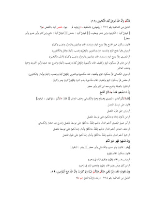 ‫ِ َ ِ‬
‫ُ ْ َ َّ‬
‫ذَلِكم وأَف اللَّوَ موىن ك ْيد الْكافِرين (ٛٔ)‬
‫َ َِ‬
‫ُ ُ‬

‫ينوف غبفص كيد باػبفض عوال‬

‫الدليل من الشاطبية رقم ٚٔٚ : و(موىن) بالتخفيف ذاع وفيو َل‬
‫ِ َ ِ‬
‫ِ‬
‫[ موىن كيد : الكوفيوف وابن عامر ويعقوب ] [ موىن كيد : حفص ] [ موىن كيد : نافع وابن كثَت وأبو عمرو وأبػو‬
‫َُ ّ ٌ َ َ‬
‫ُ ٌََ‬
‫ُ ُ‬
‫جعفر]‬
‫قالوف بسكوف ميم اعبمع وقرأ بفتح الواو وتشديد اؽباء وبالتنوين (موىن) ونصب (كيد)‬
‫َ‬
‫َُ ٌ‬
‫ٍب ورش وقرأ بفتح الواو وتشديد اؽباء وبالتنوين (موىن) ونصب (كيد) وقلل (الكافرين)‬
‫َ‬
‫َُ ٌ‬

‫ٍب البصري وقرأ بفتح الواو وتشديد اؽباء وبالتنوين (موىن) ونصب (كيد) وأماؿ (الكافرين)‬
‫َ‬
‫َُ ٌ‬
‫ِ‬
‫ٍب ابن عامر قرأ بسكوف الواو وزبفيف اؽباء مكسورة (موىن كيد) ونصب (كيد) و ج معو شػعبة وأبػو اغبػارث وضبػزة‬
‫َ اندر‬
‫ُْ ٌ َ َ‬
‫وخلف العاشر‬
‫ِ‬
‫ٍب دوري الكسائي قرأ بسكوف الواو وزبفيف اؽباء مكسورة وبالتنوين (موىن كيد) ونصب (كيد) وأماؿ (الكافرين)‬
‫َ‬
‫ُْ ٌ َ َ‬
‫ِ‬
‫ِ ِ‬
‫ٍب حفص قرأ بسكوف الواو وزبفيف اؽباء مكسورة وضم النوف (موىن كيد) وجر (كيد)‬
‫ُْ ُ‬

‫ٍب قالوف بالصلة و ج معو ابن كثَت وأبو جعفر‬
‫اندر‬
‫إِف تَستَػفتِحوا فَػقد جآءكم الْف ْتح‬
‫ْ ْ ْ ُ َ ْ َ َُ ُ َ ُ‬
‫[فَػقجآءَكم أدغم : البصري وىشاـ وضبزة والكسائي وخلف العاشر ][ فَػقد جآءَكم : باإلظهار : الباقوف]‬
‫َْ َ ُُ‬
‫َ َّ ُ ُ‬
‫قالوف على توسط اؼبتصل‬

‫ٍب ورش على طوؿ اؼبتصل‬
‫ٍب ابن ذكواف إمالة (جاءكم) على توسط اؼبتصل‬
‫ٍب أبو عمرو البصري أدغم الداؿ باعبيم (فَػقد جاءَكم) على توسط اؼبتصل و ج معو ىشاـ والكسائي‬
‫اندر‬
‫َْ َ ُُ‬
‫ٍب خلف العاشر أدغم الداؿ باعبيم (فَػقد جاءَكم) وأماؿ (جآءكم) على توسط اؼبتصل‬
‫َْ َ ُُ‬
‫ٍب ضبزة أدغم الداؿ باعبيم (فَػقد جاءَكم) وأماؿ (جآءكم) على طوؿ اؼبتصل‬
‫َْ َ ُُ‬

‫وإِف تَػ ْنتَػهوا فَػهو خ ْيػر لَكم‬
‫َ ْ ُ َُ َ ٌ ُ ْ‬
‫[وىو : قالوف وأبو عمرو والكسائي وأبو جعفر ] [ وىو : الباقوف]‬
‫ْ‬
‫ُ‬
‫قالوف بسكوف اؽباء (فهو)‬
‫ْ‬

‫ٍب ورش بضم اؽباء (فهو) وترقيق الراء ُب (خَت)‬
‫ُ‬

‫ٍب ابن كثَت ورش بضم اؽباء (فهو) وتفخيم الراء ُب (خَت)‬
‫ُ‬
‫وإِف تَػعودوا نَػعد ولَن تُػغْنِي ع ْنكم فِئتكم شيئا ولَو كثػرت وأَف اللَّو مع الْمؤِ‬
‫َ ْ ُ ُ ُ ْ َ ْ َ َ ُ ْ َُ ُ ْ َ ْ ً َ ْ َ ُ َ ْ َ َّ َ َ َ ُ ْ منِين (ٜٔ)‬
‫َ‬
‫الدليل من الشاطبية رقم ٛٔٚ : وبعد (وإِف) الفتح عم عال‬
‫َْ‬

 