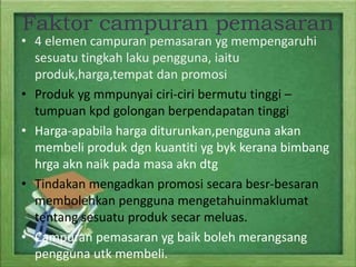 Faktor campuran pemasaran

• 4 elemen campuran pemasaran yg mempengaruhi
sesuatu tingkah laku pengguna, iaitu
produk,harga,tempat dan promosi
• Produk yg mmpunyai ciri-ciri bermutu tinggi –
tumpuan kpd golongan berpendapatan tinggi
• Harga-apabila harga diturunkan,pengguna akan
membeli produk dgn kuantiti yg byk kerana bimbang
hrga akn naik pada masa akn dtg
• Tindakan mengadkan promosi secara besr-besaran
membolehkan pengguna mengetahuinmaklumat
tentang sesuatu produk secar meluas.
• Campuran pemasaran yg baik boleh merangsang
pengguna utk membeli.

 