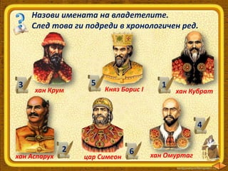 Назови имената на владетелите.
След това ги подреди в хронологичен ред.

3

хан Крум

5

Княз Борис І

1

хан Кубрат

4

хан Аспарух

2

цар Симеон

6

хан Омуртаг

 
