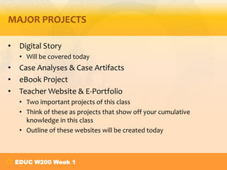 MAJOR PROJECTS
•

Digital Story
• Will be covered today

•
•
•

Case Analyses & Case Artifacts
eBook Project
Teacher Website & E-Portfolio
• Two important projects of this class
• Think of these as projects that show off your cumulative
knowledge in this class
• Outline of these websites will be created today

EDUC W200 Week 1

 