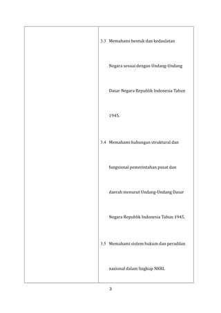 3.3 Memahami bentuk dan kedaulatan
Negara sesuai dengan Undang-Undang

Dasar Negara Republik Indonesia Tahun
1945.
3.4 Memahami hubungan struktural dan
fungsional pemerintahan pusat dan

daerah menurut Undang-Undang Dasar
Negara Republik Indonesia Tahun 1945.
3.5 Memahami sistem hukum dan peradilan
nasional dalam lingkup NKRI.
3

 