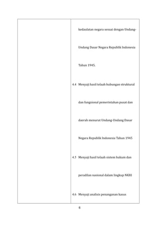 kedaulatan negara sesuai dengan UndangUndang Dasar Negara Republik Indonesia
Tahun 1945.

4.4 Menyaji hasil telaah hubungan struktural
dan fungsional pemerintahan pusat dan
daerah menurut Undang-Undang Dasar

Negara Republik Indonesia Tahun 1945
4.5 Menyaji hasil telaah sistem hukum dan

peradilan nasional dalam lingkup NKRI

4.6 Menyaji analisis penanganan kasus
6

 
