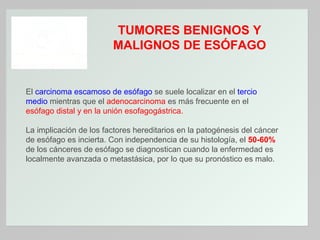 TUMORES BENIGNOS Y
MALIGNOS DE ESÓFAGO

El carcinoma escamoso de esófago se suele localizar en el tercio
medio mientras que el adenocarcinoma es más frecuente en el
esófago distal y en la unión esofagogástrica.
La implicación de los factores hereditarios en la patogénesis del cáncer
de esófago es incierta. Con independencia de su histología, el 50-60%
de los cánceres de esófago se diagnostican cuando la enfermedad es
localmente avanzada o metastásica, por lo que su pronóstico es malo.

 