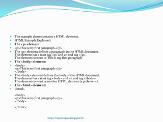 










The example above contains 3 HTML elements.
HTML Example Explained
The <p> element:
<p>This is my first paragraph.</p>
The <p> element defines a paragraph in the HTML document.
The element has a start tag <p> and an end tag </p>.
The element content is: This is my first paragraph.
The <body> element:
<body>
<p>This is my first paragraph.</p>
</body>
The <body> element defines the body of the HTML document.
The element has a start tag <body> and an end tag </body>.
The element content is another HTML element (a p element).
The <html> element:
<html>
<body>
<p>This is my first paragraph.</p>
</body>
</html>
http://improvejava.blogspot.in

 