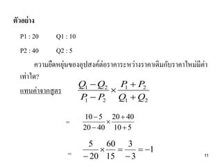 ตัวอย่ าง
P1 : 20
Q1 : 10
P2 : 40
Q2 : 5
่
ความยืดหยุนของอุปสงค์ต่อราคาระหว่างราคาเดิมกับราคาใหม่มีค่า
เท่าใด?
Q1  Q2 P  P2
 1
แทนค่าจากสูตร
P  P2
1

Q1  Q2

=

10  5 20  40

20  40 10  5

=

5
60 3
 
 1
 20 15  3

11

 