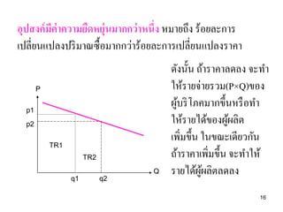 อุปสงค์ มีค่าความยืดหยุ่นมากกว่ าหนึ่ง หมายถึง ร้อยละการ
เปลี่ยนแปลงปริ มาณซื้อมากกว่าร้อยละการเปลี่ยนแปลงราคา
P
p1

p2
TR1

TR2
Q
q1

q2

ดังนั้น ถ้าราคาลดลง จะทา
ให้รายจ่ายรวม(P×Q)ของ
ผูบริ โภคมากขึ้นหรื อทา
้
ให้รายได้ของผูผลิต
้
เพิ่มขึ้น ในขณะเดียวกัน
ถ้าราคาเพิ่มขึ้น จะทาให้
รายได้ผผลิตลดลง
ู้
16

 
