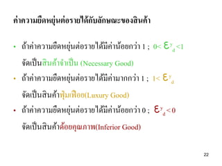 ค่ าความยืดหยุ่นต่ อรายได้ กบลักษณะของสิ นค้ า
ั
่
• ถ้าค่าความยืดหยุนต่อรายได้มีค่าน้อยกว่า 1 ; 0< દyd <1
จัดเป็ นสิ นค้าจาเป็ น (Necessary Good)
่
• ถ้าค่าความยืดหยุนต่อรายได้มีค่ามากกว่า 1 ; 1< દyd

จัดเป็ นสิ นค้าฟุ่ มเฟื อย(Luxury Good)
่
• ถ้าค่าความยืดหยุนต่อรายได้มีค่าน้อยกว่า 0 ; દyd < 0
จัดเป็ นสิ นค้าด้อยคุณภาพ(Inferior Good)

22

 