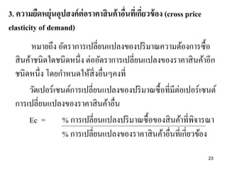 3. ความยืดหยุ่นอุปสงค์ ต่อราคาสิ นค้ าอืนทีเ่ กียวข้ อง (cross price
่ ่
elasticity of demand)
หมายถึง อัตราการเปลี่ยนแปลงของปริ มาณความต้องการซื้อ
สิ นค้าชนิดใดชนิดหนึ่ง ต่ออัตราการเปลี่ยนแปลงของราคาสิ นค้าอีก
ชนิดหนึ่ง โดยกาหนดให้สิ่งอื่นๆคงที่
วัดเปอร์เซนต์การเปลี่ยนแปลงของปริ มาณซื้อที่มีต่อเปอร์ เซนต์
การเปลี่ยนแปลงของราคาสิ นค้าอื่น
Ec = % การเปลี่ยนแปลงปริ มาณซื้ อของสิ นค้าที่พิจารณา
% การเปลี่ยนแปลงของราคาสิ นค้าอื่นที่เกี่ยวข้อง
23

 