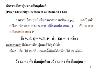 ค่ าความยืดหยุ่นของเส้ นอุปสงค์
(Price Elasticity Coefficient of Demand : Ed)
ค่าความยืดหยุ่นไม่ใช่ ค่าความลาดชัน(slope) แต่เป็ นค่า
เปรี ยบเที ยบระหว่าง % การเปลี่ ยนแปลงของ Q กับ % การ
เปลี่ยนแปลงของ P
ถ้ า % Q = % P ค่ า Ed = -1 หรือ 1
่
หมายความว่า มีค่าความยืดหยุนพอดีไม่สูงไม่ต่า
เมื่อ P เปลี่ยนไป 1% ปริ มาณการซื้อสิ นค้าก็เปลี่ยนไป 1% เท่ากัน

ถ้ า Ed < 1 คือ ยืดหยุ่นน้ อย , ถ้ า Ed > 1 คือ ยืดหยุ่นมาก
3

 