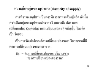 ความยืดหยุ่นของอุปทาน (elasticity of supply)
การพิจารณาอุปทานเป็ นการพิจารณาทางด้านผูผลิต ดังนั้น
้
่
ความยืดหยุนของอุปทานต่อราคา จึงหมายถึง อัตราการ
เปลี่ยนแปลง Qs ต่ออัตราการเปลี่ยนแปลง P ชนิดนั้น โดยคิด
เป็ นร้อยละ
เป็ นการวัดเปอร์เซนต์การเปลี่ยนแปลงของปริ มาณขายที่มี
ต่อการเปลี่ยนแปลงของราคาขาย
Es = % การเปลี่ยนแปลงของปริ มาณขาย
% การเปลี่ยนแปลงของราคา
32

 