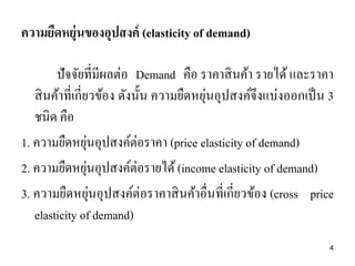ความยืดหยุ่นของอุปสงค์ (elasticity of demand)

ปั จจัยที่มีผลต่อ Demand คือ ราคาสิ นค้า รายได้ และราคา
สิ นค้าที่เกี่ยวข้อง ดังนั้น ความยืดหยุ่นอุปสงค์จึงแบ่งออกเป็ น 3
ชนิด คือ
่
1. ความยืดหยุนอุปสงค์ต่อราคา (price elasticity of demand)
่
2. ความยืดหยุนอุปสงค์ต่อรายได้ (income elasticity of demand)
่
3. ความยืดหยุนอุปสงค์ต่อราคาสิ นค้าอื่นที่เกี่ยวข้อง (cross price
elasticity of demand)
4

 