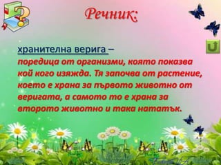 Речник:
хранителна верига –
поредица от организми, която показва
кой кого изяжда. Тя започва от растение,
което е храна за първото животно от
веригата, а самото то е храна за
второто животно и така нататък.

 
