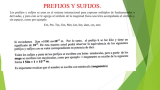 PREFIJOS Y SUFIJOS.
Los prefijos y sufijos se usan en el sistema internacional para expresar múltiplos de fundamentales o
derivadas, y para esto se le agrega al símbolo de la magnitud física una letra acompañada al símbolo y
sin espacio, como por ejemplo:
Em, Pm, Tm, Gm, Mm, km, hm, dam, cm, mm

 