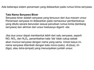 Ada beberapa sistem penamaan yang didasarkan pada rumus kimia senyawa.
Tata Nama Senyawa Biner
Senyawa biner adalah senyawa yang tersusun dari dua macam unsur
Penamaan senyawa ini didasarkan pada namaunsur pembentuknya
yang ditulis secara berurutan sesuai penulisan rumus kimia (lambang
senyawa) dan akhiran dari unsur keduanya diganti -ida.
Jika dua unsur dapat membentuk lebih dari satu senyawa, seperti
NO, NO2, dan N2O4, penambahan kata 'ida' tidak cukup sebab
akan muncul senyawa dengan nama yang sama. Untuk kasus ini,
nama senyawa ditambah dengan kata mono-(satu), di-(dua), tri(tiga), atau tetra-(empat) yang menunjukkan jumlah unsur.

 
