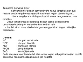 Tatanama Senyawa Biner
Senyawa biner adalah senyawa yang hanya terbentuk dari dua
macam unsur yang berbeda (terdiri atas unsur logam dan nonlogam).
Unsur yang berada di depan disebut sesuai dengan nama unsur
tersebut.
- Unsur yang berada di belakang disebut sesuai dengan nama
unsur tersebut dengan menambahkan akhiran -ida.
- Jumlah atom unsur disebut dengan menggunakan angka Latin (jika
diperlukan).
Contoh:
NO
: nitrogen monoksida
NO2
: nitrogen dioksida
AlCl
: aluminium klorida
FeCl3
: besi(III) klorida
SnO
: timah(II) oksida
Pada senyawa biner tersebut di atas, unsur logam sebagai kation (ion positif)
dan unsur nonlogam sebagai anion (ion negatif).

 