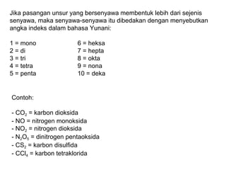 Jika pasangan unsur yang bersenyawa membentuk lebih dari sejenis
senyawa, maka senyawa-senyawa itu dibedakan dengan menyebutkan
angka indeks dalam bahasa Yunani:
1 = mono
2 = di
3 = tri
4 = tetra
5 = penta

6 = heksa
7 = hepta
8 = okta
9 = nona
10 = deka

Contoh:
- CO2 = karbon dioksida
- NO = nitrogen monoksida
- NO2 = nitrogen dioksida
- N2O5 = dinitrogen pentaoksida
- CS2 = karbon disulfida
- CCl4 = karbon tetraklorida

 