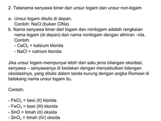 2. Tatanama senyawa biner dari unsur logam dan unsur non-logam
a. Unsur logam ditulis di depan.
Contoh: NaCl (bukan ClNa)
b. Nama senyawa biner dari logam dan nonlogam adalah rangkaian
nama logam (di depan) dan nama nonlogam dengan akhiran –ida.
Contoh:
- CaCl2 = kalsium klorida
- NaCl = natrium klorida
Jika unsur logam mempunyai lebih dari satu jenis bilangan oksidasi,
senyawa – senyawanya di bedakan dengan menyebutkan bilangan
oksidasinya, yang ditulis dalam tanda kurung dengan angka Romawi di
belakang nama unsur logam itu.
Contoh:
- FeCl2 = besi (II) klorida
- FeCl3 = besi (III) klorida
- SnO = timah (II) oksida
- SnO2 = timah (IV) oksida

 