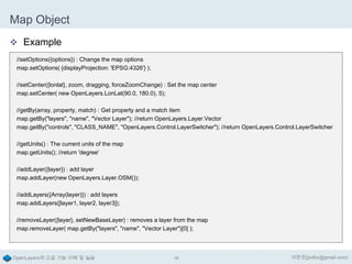 Map Object
 Example
//setOptions({options}) : Change the map options
map.setOptions( {displayProjection: 'EPSG:4326'} );
//setCenter({lonlat}, zoom, dragging, forceZoomChange) : Set the map center
map.setCenter( new OpenLayers.LonLat(90.0, 180.0), 5);
//getBy(array, property, match) : Get property and a match item
map.getBy("layers", "name", "Vector Layer"); //return OpenLayers.Layer.Vector
map.getBy("controls", "CLASS_NAME", "OpenLayers.Control.LayerSwitcher"); //return OpenLayers.Control.LayerSwitcher
//getUnits() : The current units of the map
map.getUnits(); //return 'degree'
//addLayer({layer}) : add layer
map.addLayer(new OpenLayers.Layer.OSM());
//addLayers({Array(layer)}) : add layers
map.addLayers([layer1, layer2, layer3]);
//removeLayer({layer}, setNewBaseLayer) : removes a layer from the map
map.removeLayer( map.getBy("layers", "name", "Vector Layer")[0] );

OpenLayers의 고급 기능 이해 및 실습

16

이한진(jinifor@gmail.com)

 