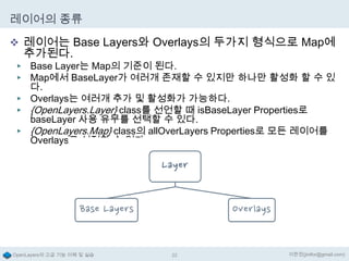 레이어의 종류
 레이어는 Base Layers와 Overlays의 두가지 형식으로 Map에

추가된다.

Base Layer는 Map의 기준이 된다.
Map에서 BaseLayer가 여러개 존재할 수 있지만 하나만 활성화 할 수 있
다.
▶ Overlays는 여러개 추가 및 활성화가 가능하다.
▶ {OpenLayers.Layer} class를 선언할 때 isBaseLayer Properties로
baseLayer 사용 유무를 선택할 수 있다.
▶ {OpenLayers.Map} class의 allOverLayers Properties로 모든 레이어를
Overlays로 설정할 수 있다.
▶
▶

OpenLayers의 고급 기능 이해 및 실습

22

이한진(jinifor@gmail.com)

 