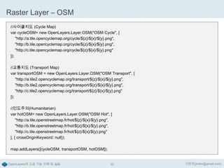 Raster Layer – OSM
//사이클지도 (Cycle Map)
var cycleOSM= new OpenLayers.Layer.OSM("OSM Cycle", [
"http://a.tile.opencyclemap.org/cycle/${z}/${x}/${y}.png",
"http://b.tile.opencyclemap.org/cycle/${z}/${x}/${y}.png",
"http://c.tile.opencyclemap.org/cycle/${z}/${x}/${y}.png"
]);
//교통지도 (Transport Map)
var transportOSM = new OpenLayers.Layer.OSM("OSM Transport", [
"http://a.tile2.opencyclemap.org/transport/${z}/${x}/${y}.png",
"http://b.tile2.opencyclemap.org/transport/${z}/${x}/${y}.png",
"http://c.tile2.opencyclemap.org/transport/${z}/${x}/${y}.png"
]);
//인도주의(Humanitarian)
var hotOSM= new OpenLayers.Layer.OSM("OSM Hot", [
"http://a.tile.openstreetmap.fr/hot/${z}/${x}/${y}.png",
"http://b.tile.openstreetmap.fr/hot/${z}/${x}/${y}.png",
"http://c.tile.openstreetmap.fr/hot/${z}/${x}/${y}.png"
], { crossOriginKeyword: null});
map.addLayers([cycleOSM, transportOSM, hotOSM]);

OpenLayers의 고급 기능 이해 및 실습

32

이한진(jinifor@gmail.com)

 