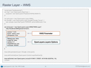 Raster Layer – WMS
<script type="text/javascript">
var map = new OpenLayers.Map('map', {
projection: new OpenLayers.Projection("EPSG:900913")
});
var osmLayer = new OpenLayers.Layer.OSM();
var tGoogle = new OpenLayers.Layer.Google("Google Terrain", {
type: google.maps.MapTypeId.TERRAIN, sphericalMercator: true
});
var wmsLayer = new OpenLayers.Layer.WMS("WMS Layer",
"http://localhost:8080/geoserver/wms",
{
version: '1.3.0',
WMS Parameter
layers: 'admin_emd',
transparent: 'true'
}, {
isBaseLayer: false,
singleTile: false,
opacity: 0.7,
OpenLayers.Layers Options
wrapDateLine: true,
minScale: 450000
}
);
map.addLayers([osmLayer, tGoogle, wmsLayer]);
map.addControls([new OpenLayers.Control.LayerSwitcher()]);
map.setCenter( new OpenLayers.LonLat(14134811.705557, 4519186.4226754), 10);
</script>

OpenLayers의 고급 기능 이해 및 실습

35

이한진(jinifor@gmail.com)

 