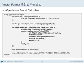 Vector Format 유형별 파싱방법
 {OpenLayers.Format.GML} class
<script type="text/javascript">
var map = new OpenLayers.Map('map', {
projection: new OpenLayers.Projection("EPSG:900913")
});
var rGoogle = new OpenLayers.Layer.Google("Google Maps");
var vectorLayer = new OpenLayers.Layer.Vector('WFS River', {
strategies: [new OpenLayers.Strategy.BBOX()],
protocol: new OpenLayers.Protocol.WFS({
url: 'http://localhost:8080/geoserver/seoul/wfs',
featureType: 'river',
featureNS: 'http://geoserver.org/seoul',
srsName: 'EPSG:900913',
version: '1.1.0'
}),
visibility: true
});
map.addLayers([rGoogle, vectorLayer]);
</script>

map.setCenter( new OpenLayers.LonLat(14134811.705557, 4519186.4226754), 10);

OpenLayers의 고급 기능 이해 및 실습

39

이한진(jinifor@gmail.com)

 