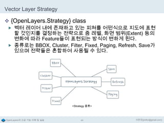 Vector Layer Strategy
 {OpenLayers.Strategy} class
 벡터 레이어 내에 존재하고 있는 피쳐를 어떤식으로 지도에 표현

할 것인지를 결정하는 전략으로 줌 레벨, 화면 범위(Extent) 등의
변화에 따라 Feature들이 표현되는 방식이 변하게 된다.
 종류로는 BBOX, Cluster, Filter, Fixed, Paging, Refresh, Save가
있으며 전략들은 혼합하여 사용될 수 있다.

<Strategy 종류>

OpenLayers의 고급 기능 이해 및 실습

44

이한진(jinifor@gmail.com)

 