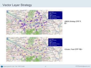 Vector Layer Strategy

<BBOX Strategy 전략 적
용>

<Cluster, Fixed 전략 적용>

OpenLayers의 고급 기능 이해 및 실습

47

이한진(jinifor@gmail.com)

 