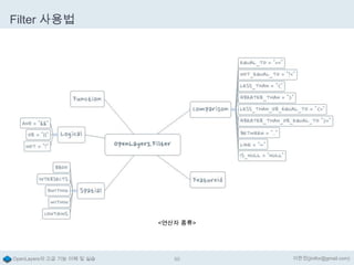 Filter 사용법

<연산자 종류>

OpenLayers의 고급 기능 이해 및 실습

50

이한진(jinifor@gmail.com)

 