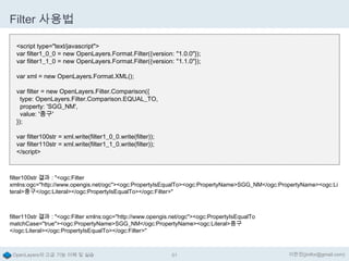 Filter 사용법
<script type="text/javascript">
var filter1_0_0 = new OpenLayers.Format.Filter({version: "1.0.0"});
var filter1_1_0 = new OpenLayers.Format.Filter({version: "1.1.0"});
var xml = new OpenLayers.Format.XML();

var filter = new OpenLayers.Filter.Comparison({
type: OpenLayers.Filter.Comparison.EQUAL_TO,
property: 'SGG_NM',
value: '중구'
});
var filter100str = xml.write(filter1_0_0.write(filter));
var filter110str = xml.write(filter1_1_0.write(filter));
</script>

filter100str 결과 : "<ogc:Filter
xmlns:ogc="http://www.opengis.net/ogc"><ogc:PropertyIsEqualTo><ogc:PropertyName>SGG_NM</ogc:PropertyName><ogc:Li
teral>중구</ogc:Literal></ogc:PropertyIsEqualTo></ogc:Filter>"

filter110str 결과 : "<ogc:Filter xmlns:ogc="http://www.opengis.net/ogc"><ogc:PropertyIsEqualTo
matchCase="true"><ogc:PropertyName>SGG_NM</ogc:PropertyName><ogc:Literal>중구
</ogc:Literal></ogc:PropertyIsEqualTo></ogc:Filter>"

OpenLayers의 고급 기능 이해 및 실습

51

이한진(jinifor@gmail.com)

 