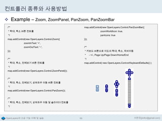 컨트롤러 종류와 사용방법
 Example – Zoom, ZoomPanel, PanZoom, PanZoomBar
/**

map.addControl(new OpenLayers.Control.PanZoomBar({

* 확대, 축소 버튼 컨트롤

zoomWorldIcon: true,

*/

panIcons: true

map.addControl(new OpenLayers.Control.Zoom({

}));

zoomInText: '+',
zoomOutText: '−',

/**

}));

* 키보드 버튼으로 지도의 확대, 축소, 위치이동
*

- +/-, Page Up/Page Down/Home/End

/**

*/

* 확대, 축소, 전체보기 버튼 컨트롤

map.addControl( new OpenLayers.Control.KeyboardDefaults() );

*/
map.addControl(new OpenLayers.Control.ZoomPanel());
/**
* 확대, 축소, 전체보기, 상하좌우 이동 버튼 컨트롤
*/
map.addControl(new OpenLayers.Control.PanZoom());
/**
* 확대, 축소, 전체보기, 상하좌우 이동 및 슬라이더 컨트롤
*/

OpenLayers의 고급 기능 이해 및 실습

66

이한진(jinifor@gmail.com)

 