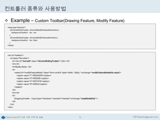 컨트롤러 종류와 사용방법
 Example – Custom Toolbar(Drawing Feature, Modify Feature)
<style type="text/css">
.olControlEditingToolbar .olControlModifyFeatureItemInactive {
background-position: -1px -1px;
}
.olControlEditingToolbar .olControlModifyFeatureItemActive {
background-position: -1px -24px;
}
</style>

<div id="toolbox">
<ul class="list-inline">
<li><div id="tool-edit" class="olControlEditingToolbar"></div></li>
<li>|</li>
<li>Modify Mode :</li>
<li>
<select id="modifyFeatureMode" class="form-control" style="width: 150px;" onchange="modifyFeatureMode(this.value)">
<option value="1">RESHAPE</option>
<option value="2">RESIZE</option>
<option value="4">ROTATE</option>
<option value="8">DRAG</option>
</select>
</li>
<li>|</li>
<li>
Snapping Enable : <input type="checkbox" checked="checked" onchange="snapMode(this)" />
</li>
</ul>
</div>

OpenLayers의 고급 기능 이해 및 실습

72

이한진(jinifor@gmail.com)

 