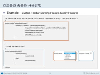 컨트롤러 종류와 사용방법
 Example – Custom Toolbar(Drawing Feature, Modify Feature)
/**
* 8. 피쳐를 수정할 때 어떤 형식으로 수정을 할 것인지 결정한다. - RESHAPE : 1, RESIZE : 2, ROTATE : 4, DRAG : 8
*/
function modifyFeatureMode(mode) {
if (mode==1 || mode==2 || mode==4 || mode==8) {
//map.getControlsByClass('OpenLayers.Control.ModifyFeature')[0];
ctrModifyFeature.deactivate();
ctrModifyFeature.mode = mode;
ctrModifyFeature.activate();
}
}
/**
* 9. 스내핑 사용여부를 결정한다.
*/

function snapMode(mode) {
if (mode.checked) {
snap.activate();
} else {
snap.deactivate();
}
}

</script>

OpenLayers의 고급 기능 이해 및 실습

75

이한진(jinifor@gmail.com)

 