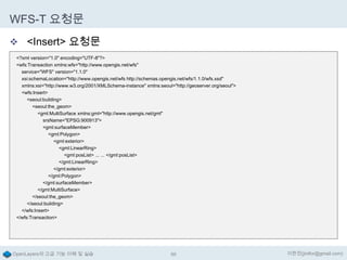 WFS-T 요청문
 <Insert> 요청문
<?xml version="1.0" encoding="UTF-8"?>
<wfs:Transaction xmlns:wfs="http://www.opengis.net/wfs"
service="WFS" version="1.1.0"
xsi:schemaLocation="http://www.opengis.net/wfs http://schemas.opengis.net/wfs/1.1.0/wfs.xsd"
xmlns:xsi="http://www.w3.org/2001/XMLSchema-instance" xmlns:seoul="http://geoserver.org/seoul">
<wfs:Insert>
<seoul:building>
<seoul:the_geom>
<gml:MultiSurface xmlns:gml="http://www.opengis.net/gml"
srsName="EPSG:900913">
<gml:surfaceMember>
<gml:Polygon>
<gml:exterior>
<gml:LinearRing>
<gml:posList> ... ... </gml:posList>
</gml:LinearRing>
</gml:exterior>
</gml:Polygon>
</gml:surfaceMember>
</gml:MultiSurface>
</seoul:the_geom>
</seoul:building>
</wfs:Insert>
</wfs:Transaction>

OpenLayers의 고급 기능 이해 및 실습

88

이한진(jinifor@gmail.com)

 