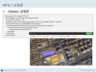 WFS-T 요청문
 <Delete> 요청문
<?xml version="1.0" encoding="UTF-8"?>
<wfs:Transaction xmlns:wfs="http://www.opengis.net/wfs"
service="WFS" version="1.1.0"
xsi:schemaLocation="http://www.opengis.net/wfs http://schemas.opengis.net/wfs/1.1.0/wfs.xsd"
xmlns:xsi="http://www.w3.org/2001/XMLSchema-instance">
<wfs:Delete typeName="seoul:building" xmlns:seoul="http://geoserver.org/seoul">
<ogc:Filter xmlns:ogc="http://www.opengis.net/ogc">
<ogc:FeatureId fid="building.25537" />
</ogc:Filter>
</wfs:Delete>
</wfs:Transaction>

OpenLayers의 고급 기능 이해 및 실습

90

이한진(jinifor@gmail.com)

 