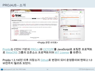 PROJ4JS - 소개

<Proj4js 관련 사이트>

Proj4js는 C언어 기반의 PROJ.4와 CCTCPF를 JavaScript로 포팅한 프로젝트
로 MetaCRS 그룹의 오픈소스 프로젝트이며 MIT License 를 따른다.
Proj4js 1.3.1버전 이후 저장소가 Github로 변경이 되어 운영중이며 현재 2.1.0
버전까지 릴리즈 되었다.
OpenLayers의 고급 기능 이해 및 실습

94

이한진(jinifor@gmail.com)

 