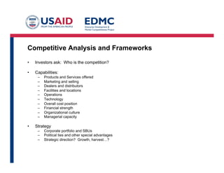 Competitive Analysis and Frameworks
• 

Investors ask: Who is the competition?

• 

Capabilities:
– 
– 
– 
– 
– 
– 
– 
– 
– 
– 

• 

Products and Services offered
Marketing and selling
Dealers and distributors
Facilities and locations
Operations
Technology
Overall cost position
Financial strength
Organizational culture
Managerial capacity

Strategy
– 
– 
– 

Corporate portfolio and SBUs
Political ties and other special advantages
Strategic direction? Growth, harvest…?

 