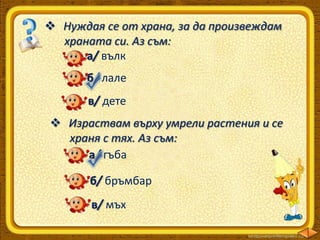  Нуждая се от храна, за да произвеждам
храната си. Аз съм:
а/ вълк
б/ лале
в/ дете
 Израствам върху умрели растения и се
храня с тях. Аз съм:
а/ гъба
б/ бръмбар
в/ мъх

 