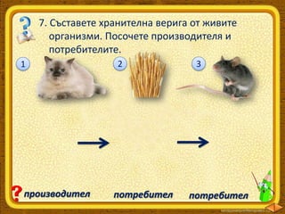 7. Съставете хранителна верига от живите
организми. Посочете производителя и
потребителите.
1

производител

2

потребител

3

потребител

 