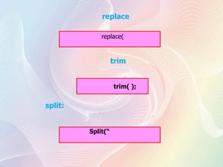 replace
replace(
trim
trim( );
split:
Split(“