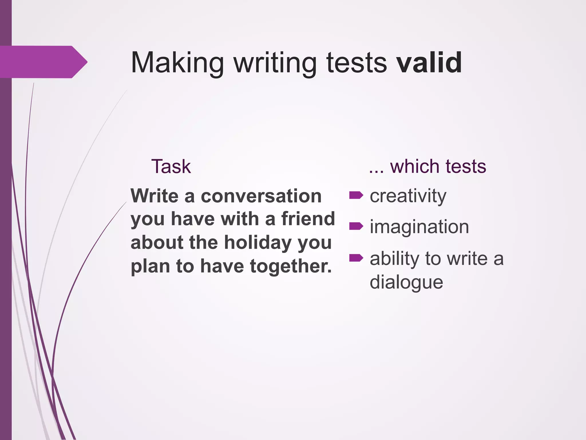 Making writing tests valid

... which tests
Task
Write a conversation ! creativity
you have with a friend ! imagination
about the holiday you
plan to have together. ! ability to write a
dialogue

 
