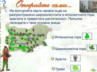 1. На контурната карта нанеси къде са
разпространени широколистните и иглолистните гори,
храстите и тревистата растителност. Попълни
легендата с твои условни знаци.

Стара планина
Средна гора

11

Иглолистна гора

22

Широколистна гора

Витоша
Рила
Пирин

Родопи

33

44

Храсти
Треви

 