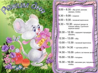8.00 – 8.30 – збір дітей, ранкова
зарядка, лінійка.

8.30 – 9.00 – сніданок
9.00 – 9.30 – пасивний відпочинок
9.30 – 10.30 – загальні заходи за
планом табору. Суспільнокорисна праця.

10.30 – 12.30 – оздоровчі процедури
(басейн).

12.30 – 13.00 – обід
13.00 – 13.30 – пасивний відпочинок
13.30 - 14.30 - гурткова робота
14.30 – 15.00 – робота за планом загону
15.00 – 15.30 – полудень
15.30 – 16.00 – висновки дня, підсумкова
лінійка.

 