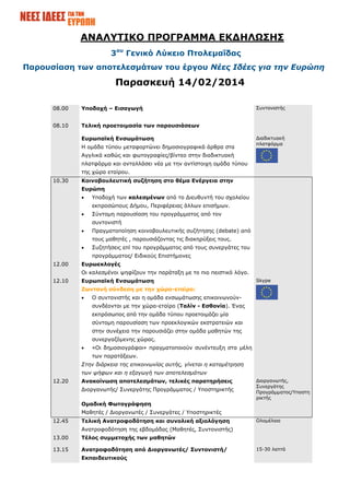 ΑΝΑΛΥΤΙΚΟ ΠΡΟΓΡΑΜΜΑ ΕΚΔΗΛΩΣΗΣ
3ου Γενικό Λύκειο Πτολεμαΐδας
Παρουσίαση των αποτελεσμάτων του έργου Νέες Ιδέες για την Ευρώπη

Παρασκευή 14/02/2014
08.00

Υποδοχή – Εισαγωγή

08.10

Τελική προετοιμασία των παρουσιάσεων
Ευρωπαϊκή Ενσωμάτωση
Η ομάδα τύπου μεταφορτώνει δημοσιογραφικά άρθρα στα

Συντονιστής

Διαδικτυακή
πλατφόρμα

Αγγλικά καθώς και φωτογραφίες/βίντεο στην διαδικτυακή
πλατφόρμα και ανταλλάσει νέα με την αντίστοιχη ομάδα τύπου
της χώρα εταίρου.
10.30

Κοινοβουλευτική συζήτηση στο θέμα Ενέργεια στην
Ευρώπη


Υποδοχή των καλεσμένων από το Διευθυντή του σχολείου
εκπροσώπους Δήμου, Περιφέρειας άλλων επισήμων.



Σύντομη παρουσίαση του προγράμματος από τον
συντονιστή



Πραγματοποίηση κοινοβουλευτικής συζήτησης (debate) από
τους μαθητές , παρουσιάζοντας τις διακηρύξεις τους.



Συζητήσεις επί του προγράμματος από τους συνεργάτες του
προγράμματος/ Ειδικούς Επιστήμονες

12.00

Ευρωεκλογές
Οι καλεσμένοι ψηφίζουν την παράταξη με το πιο πειστικό λόγο.

12.10

Ευρωπαϊκή Ενσωμάτωση

Skype

Ζωντανή σύνδεση με την χώρα-εταίρο:


Ο συντονιστής και η ομάδα ενσωμάτωσης επικοινωνούνσυνδέονται με την χώρα-εταίρο (Ταλίν - Εσθονία). Ένας
εκπρόσωπος από την ομάδα τύπου προετοιμάζει μία
σύντομη παρουσίαση των προεκλογικών εκστρατειών και
στην συνέχεια την παρουσιάζει στην ομάδα μαθητών της
συνεργαζόμενης χώρας.



«Οι δημοσιογράφοι» πραγματοποιούν συνέντευξη στα μέλη
των παρατάξεων.

Στην διάρκεια της επικοινωνίας αυτής, γίνεται η καταμέτρηση
των ψήφων και η εξαγωγή των αποτελεσμάτων
12.20

Ανακοίνωση αποτελεσμάτων, τελικές παρατηρήσεις
Διοργανωτής/ Συνεργάτης Προγράμματος / Υποστηρικτής
Ομαδική Φωτογράφηση

Διοργανωτής,
Συνεργάτης
Προγράμματος/Υποστη
ρικτής

Μαθητές / Διοργανωτές / Συνεργάτες / Υποστηρικτές
12.45

Τελική Ανατροφοδότηση και συνολική αξιολόγηση

Ολομέλεια

Ανατροφοδότηση της εβδομάδας (Μαθητές, Συντονιστής)
13.00

Τέλος συμμετοχής των μαθητών

13.15

Ανατροφοδότηση από Διοργανωτές/ Συντονιστή/
Εκπαιδευτικούς

15-30 λεπτά

 
