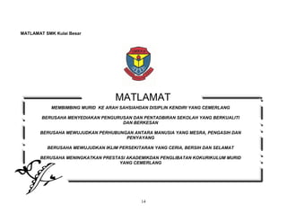 MATLAMAT SMK Kulai Besar

MATLAMAT
MEMBIMBING MURID KE ARAH SAHSIAHDAN DISIPLIN KENDIRI YANG CEMERLANG
BERUSAHA MENYEDIAKAN PENGURUSAN DAN PENTADBIRAN SEKOLAH YANG BERKUALITI
DAN BERKESAN
BERUSAHA MEWUJUDKAN PERHUBUNGAN ANTARA MANUSIA YANG MESRA, PENGASIH DAN
PENYAYANG
BERUSAHA MEWUJUDKAN IKLIM PERSEKITARAN YANG CERIA, BERSIH DAN SELAMAT
BERUSAHA MENINGKATKAN PRESTASI AKADEMIKDAN PENGLIBATAN KOKURIKULUM MURID
YANG CEMERLANG

14

 