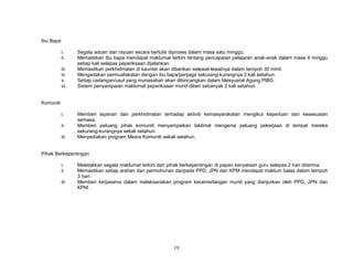 Ibu Bapa
i.
ii.
iii.
iv.
v.
vi.

Segala aduan dan rayuan secara bertulis diproses dalam masa satu minggu.
Memastikan ibu bapa mendapat maklumat terkini tentang pencapaian pelajaran anak-anak dalam masa 4 minggu
setiap kali selepas peperiksaan dijalankan.
Memastikan perkhidmatan di kaunter akan diberikan selewat-lewatnya dalam tempoh 30 minit.
Mengadakan permuafakatan dengan ibu bapa/penjaga sekurang-kurangnya 2 kali setahun.
Setiap cadangan/usul yang munasabah akan dibincangkan dalam Mesyuarat Agung PIBG.
Sistem penyampaian maklumat peperiksaan murid diberi sebanyak 2 kali setahun.

Komuniti
i.
ii.
iii.

Memberi layanan dan perkhidmatan terhadap aktiviti kemasyarakatan mengikut keperluan dan kesesuaian
semasa.
Memberi peluang pihak komuniti menyampaikan taklimat mengenai peluang pekerjaan di tempat mereka
sekurang-kurangnya sekali setahun.
Menyediakan program Mesra Komuniti sekali setahun.

Pihak Berkepentingan
i.
ii.
iii.

Meletakkan segala maklumat terkini dari pihak berkepentingan di papan kenyataan guru selepas 2 hari diterima.
Memastikan setiap arahan dan permohonan daripada PPD, JPN dan KPM mendapat maklum balas dalam tempoh
3 hari.
Memberi kerjasama dalam melaksanakan program kecemerlangan murid yang dianjurkan oleh PPD, JPN dan
KPM.

19

 