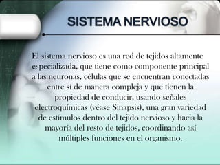 El sistema nervioso es una red de tejidos altamente
especializada, que tiene como componente principal
a las neuronas, células que se encuentran conectadas
entre sí de manera compleja y que tienen la
propiedad de conducir, usando señales
electroquímicas (véase Sinapsis), una gran variedad
de estímulos dentro del tejido nervioso y hacia la
mayoría del resto de tejidos, coordinando así
múltiples funciones en el organismo.

 