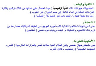 ‫* التغذية والهضم :‬
‫السفنجيا ت حيوانا ت ذا ت تغذية ترشيحية ) حيث تحصل على غذايئها من خلل ترشيح وفلترة‬
‫الجزيئا ت العالقة في الماء الداخل إلى جسم الحيوان عبر الثقوب ( .‬
‫وهذا يعد تكيفا لنها من الحيوانا ت غير المتحركة ) الجالسة ( .‬
‫* الدعامة :‬
‫عبارة عن شويكا ت تنتجها الخليا الشبه أميبية الموجود في الطبقة الجيلتينة مصنوعة من‬
‫كربونا ت الكالسيوم والسيليكا أو ألياف بروتينية قوية تسمى ) أسفنجين ( .‬
‫*الفستجابة للمثيرات :‬
‫ليس للسفنج جهاز عصبي ولكن الخليا الشبه طليئية تحس بالمؤثرا ت الخارجية ) اللمس ـ‬
‫المنبها ت الكيميايئية ( وتستجيب بإغل ق الثقوب .‬

 