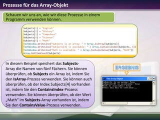 Prozesse für das Array-Objekt
Schauen wir uns an, wie wir diese Prozesse in einem
Programm verwenden können.

In diesem Beispiel speichert das SubjectsArray die Namen von fünf Fächern. Sie können
überprüfen, ob Subjects ein Array ist, indem Sie
den IsArray-Prozess verwenden. Sie können auch
überprüfen, ob der Index Subjects[4] vorhanden
ist, indem Sie den ContainsIndex-Prozess
verwenden. Sie können überprüfen, ob der Wert
„Math“ im Subjects-Array vorhanden ist, indem
Sie den ContainsValue-Prozess verwenden.

 